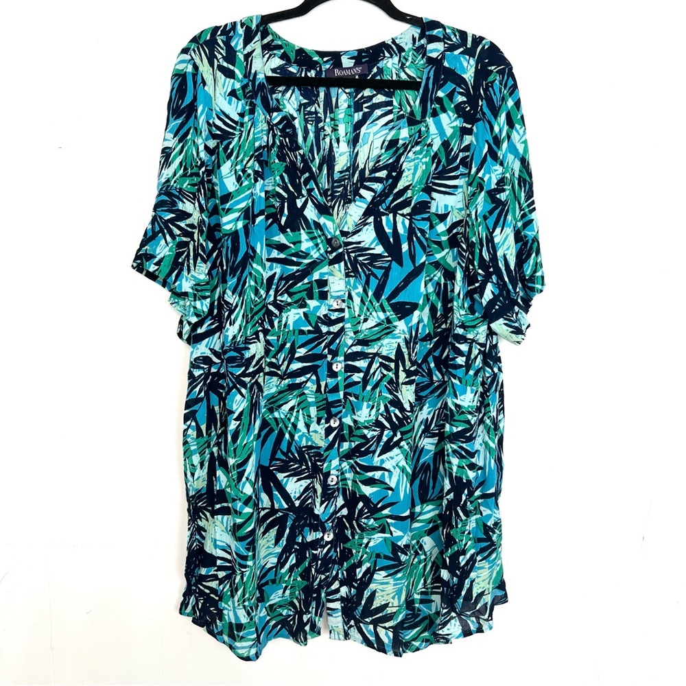 Romans Tropical Leaf Print Tropical Green Button Shirt Crepe Knit 24W 3X ly